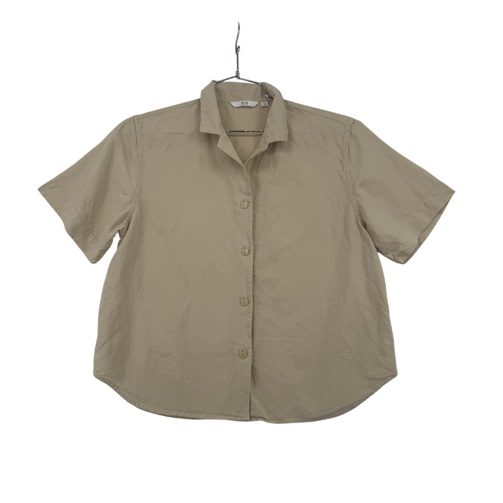 Uniqlo Button Down Shirt Womens XL Beige Excellent Linen Blend Short Sleeve